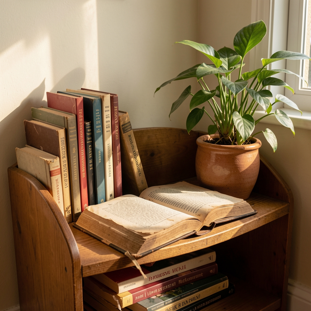 A reading corner with a low wooden shelf of reference books, a ceramic plant, and warm afternoon light falling across worn notebook pages
