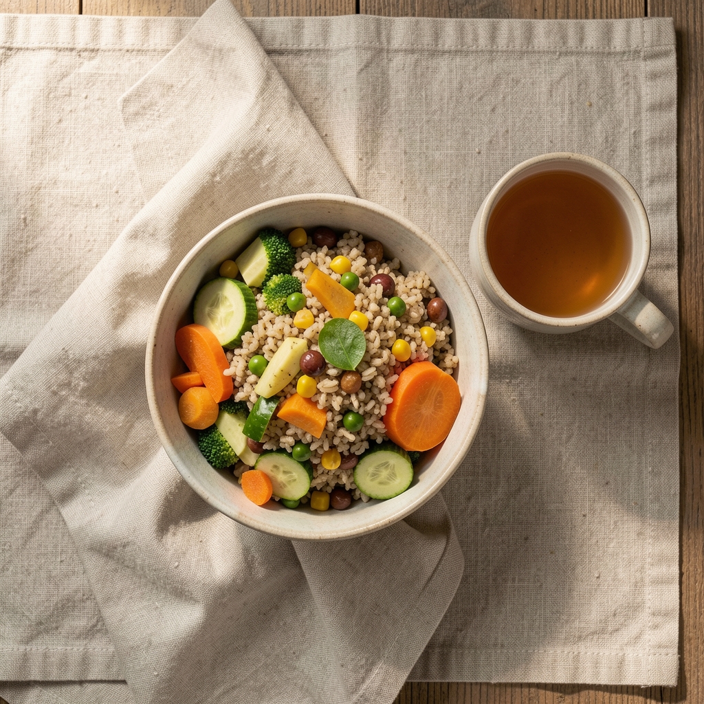 An overhead flat lay of a grain and vegetable bowl beside a ceramic cup of tea on a natural linen placemat, soft morning editorial light