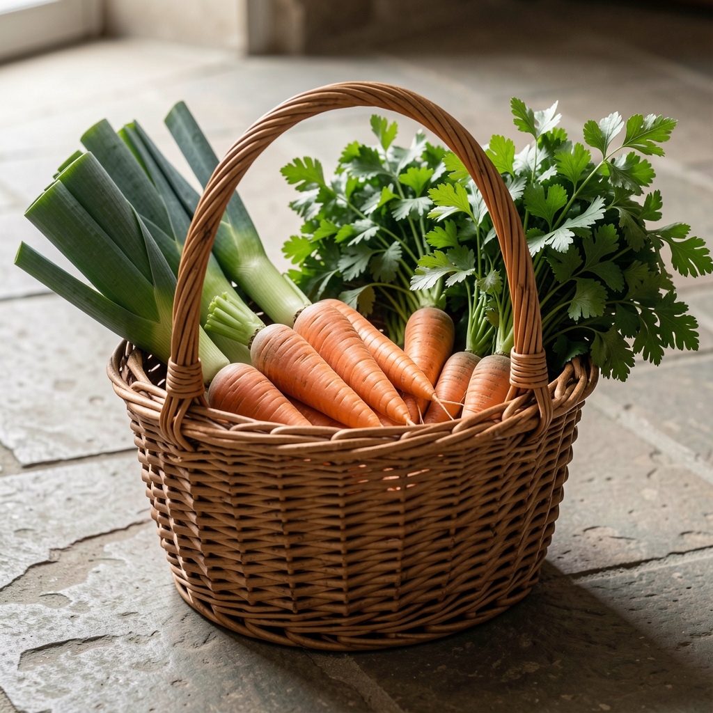 A wicker market basket filled with spring leeks, heritage carrots, and bunches of flat-leaf parsley resting on a stone floor in soft daylight