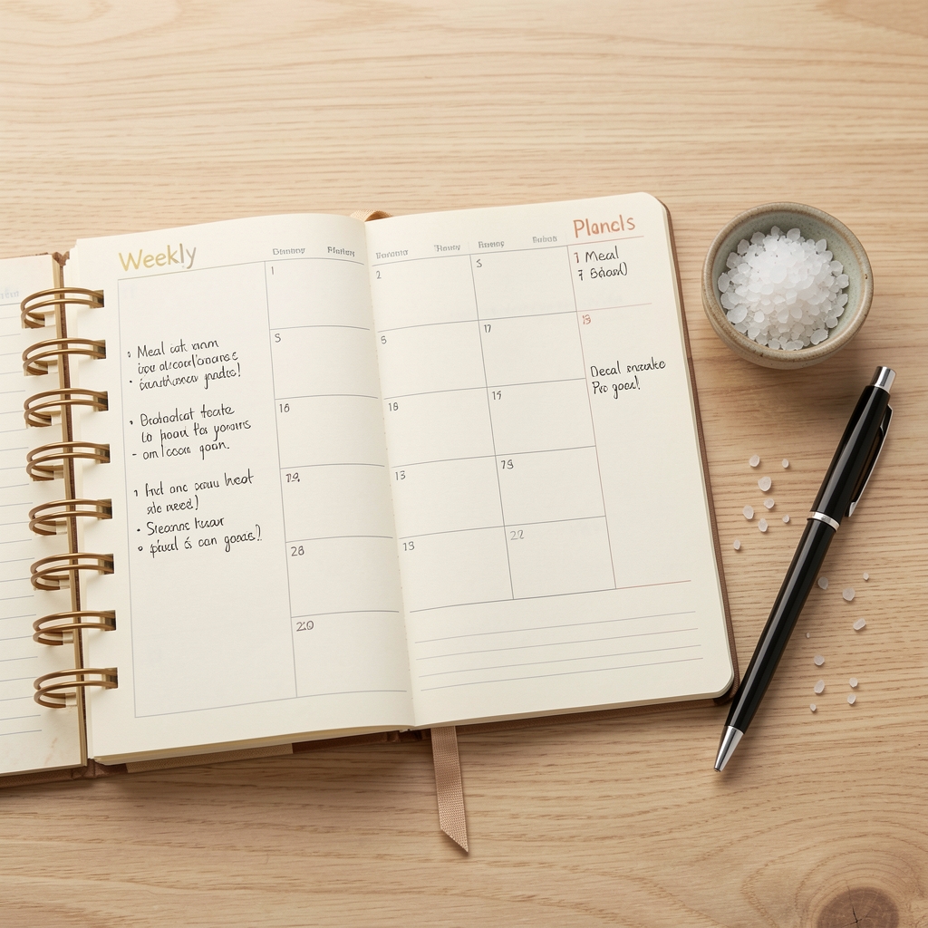 An open weekly planner notebook with handwritten meal notes beside a pen and small ceramic dish of sea salt on a light wooden surface