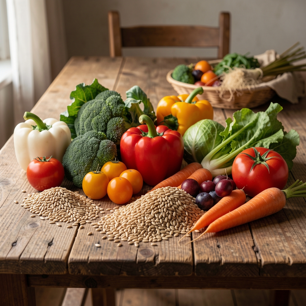Carefully arranged seasonal vegetables and whole grains on a rustic wooden table, morning editorial light